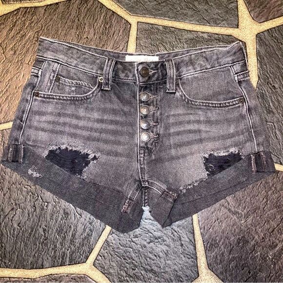 We The Free Pants - Free People Distressed Black Denim Shorts Button Fly Size 24